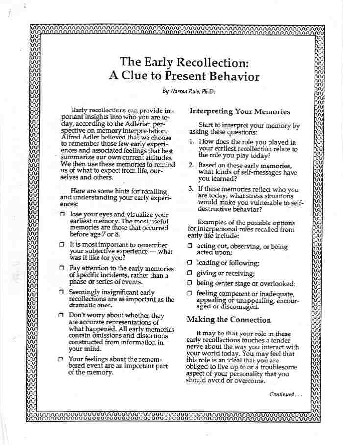 The Early Recollection: A Clue to Present Behavior